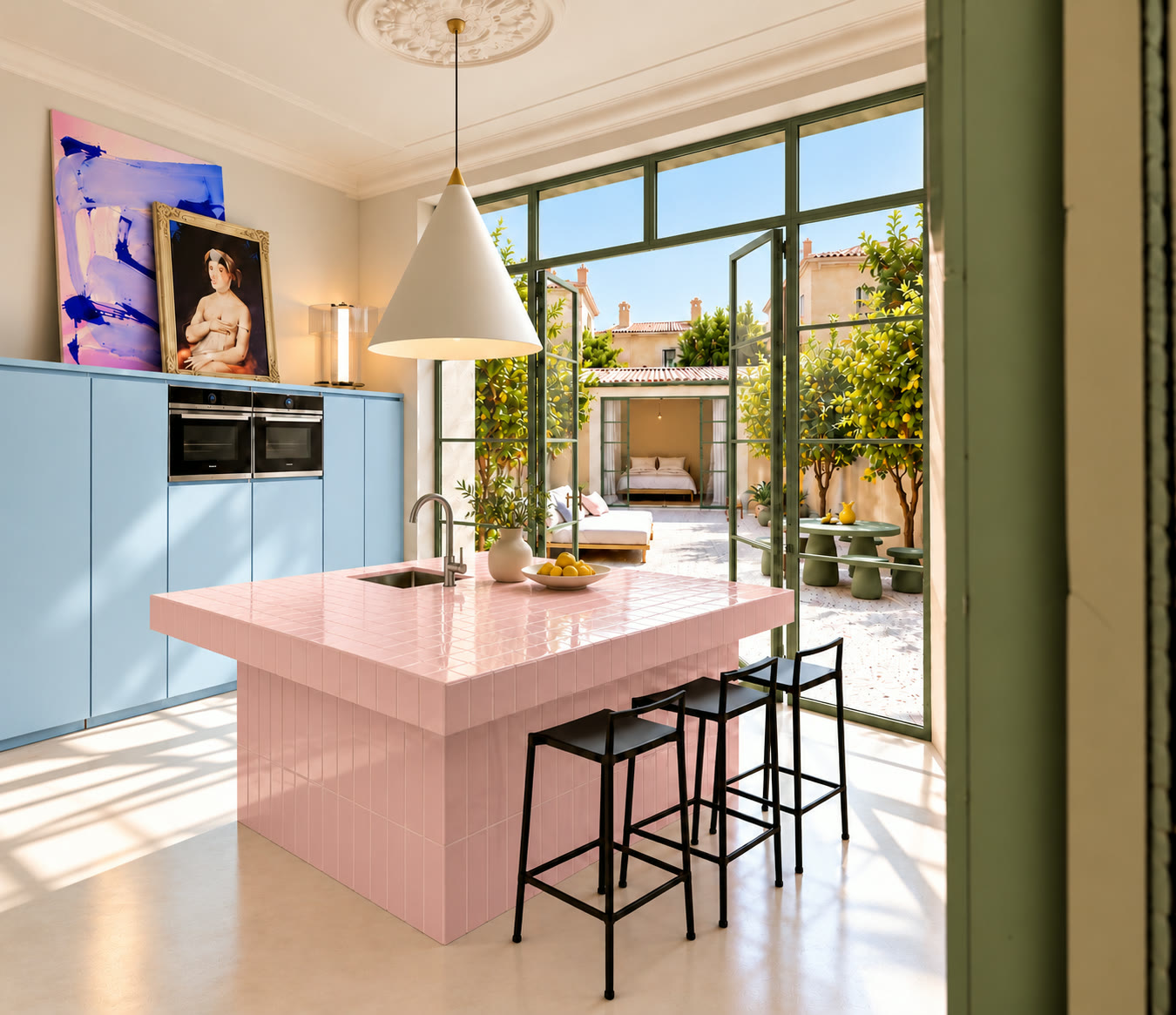 Pink tiled kitchen island